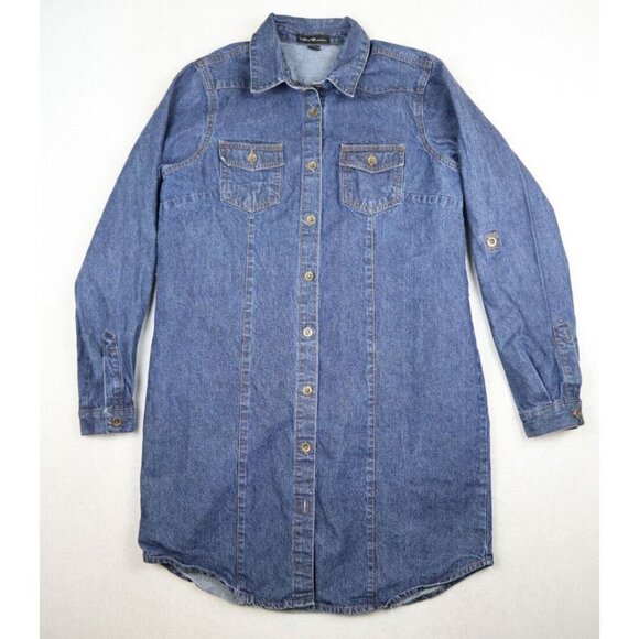 WOMEN'S DARK WASH DENIM TUNIC SHIRT DRESS - LONG SLEEVE - LOVE BY CHESLEY - M - Picture 2 of 10